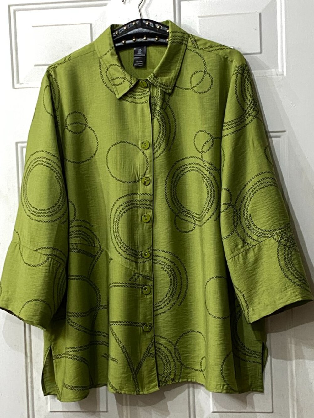 Ali Miles Sz 1X Blouse Button Up Tunic 3/4 Sleeve Lime Green Black Geometric